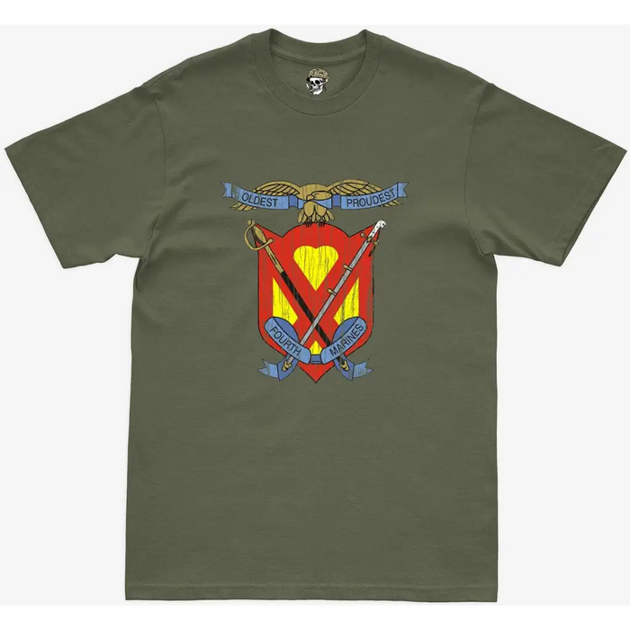 Distressed 4th Marine Regiment Logo Emblem Military Green T-Shirt Tactically Acquired   