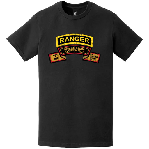 Distressed B Co "Bushmasters" 1-327 IR Ranger Tab T-Shirt Tactically Acquired   