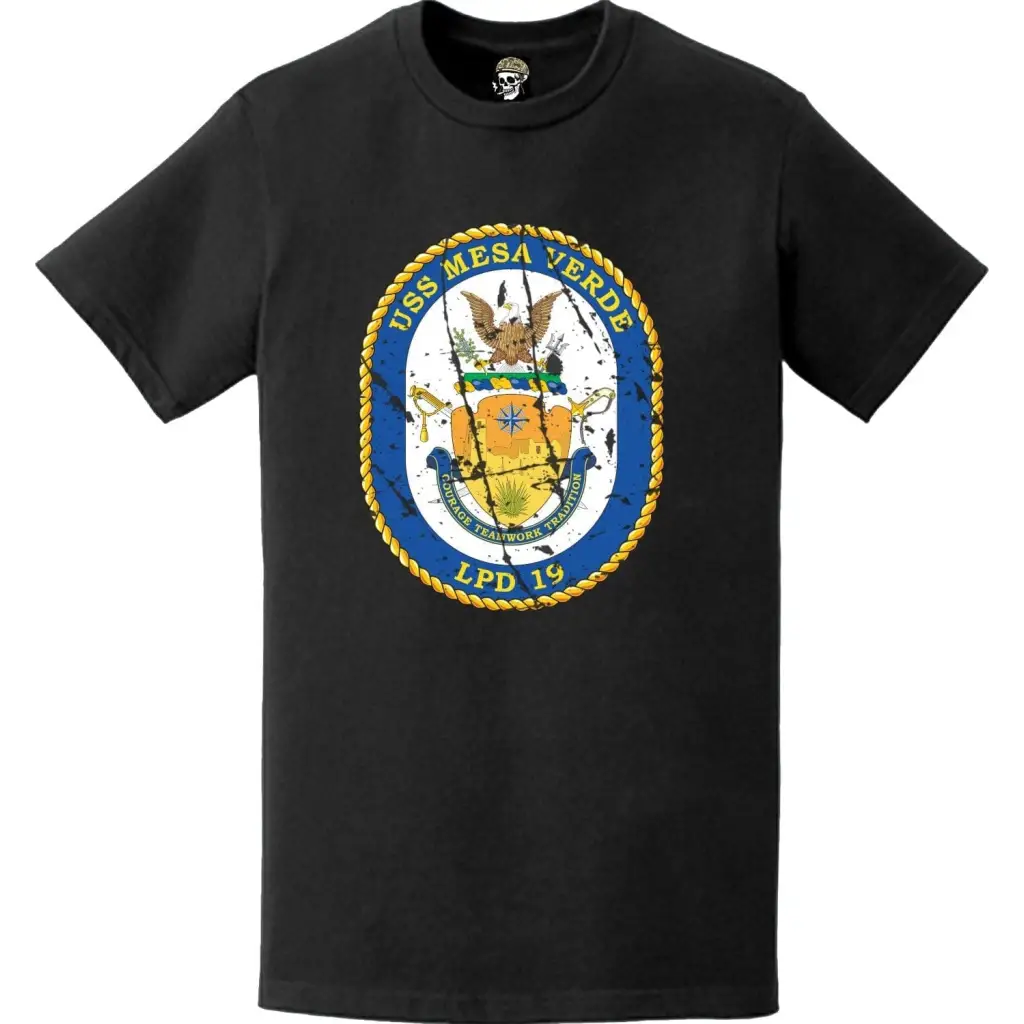Distressed USS Mesa Verde (LPD-19) Ship's Crest Emblem T-Shirt Tactically Acquired   