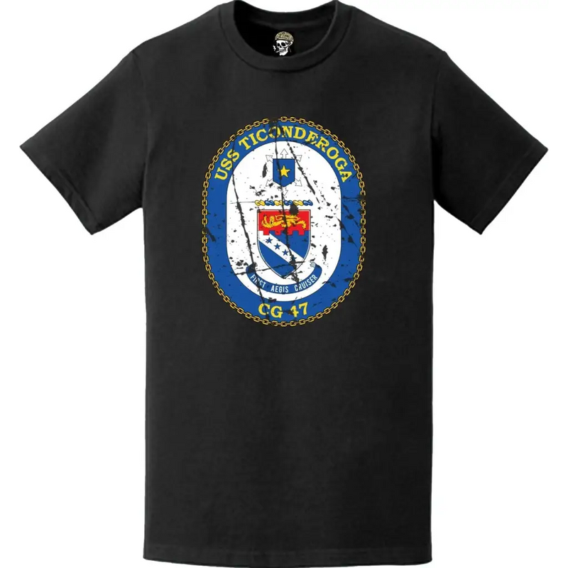 Distressed USS Ticonderoga (CG-47) Ship's Crest Logo T-Shirt