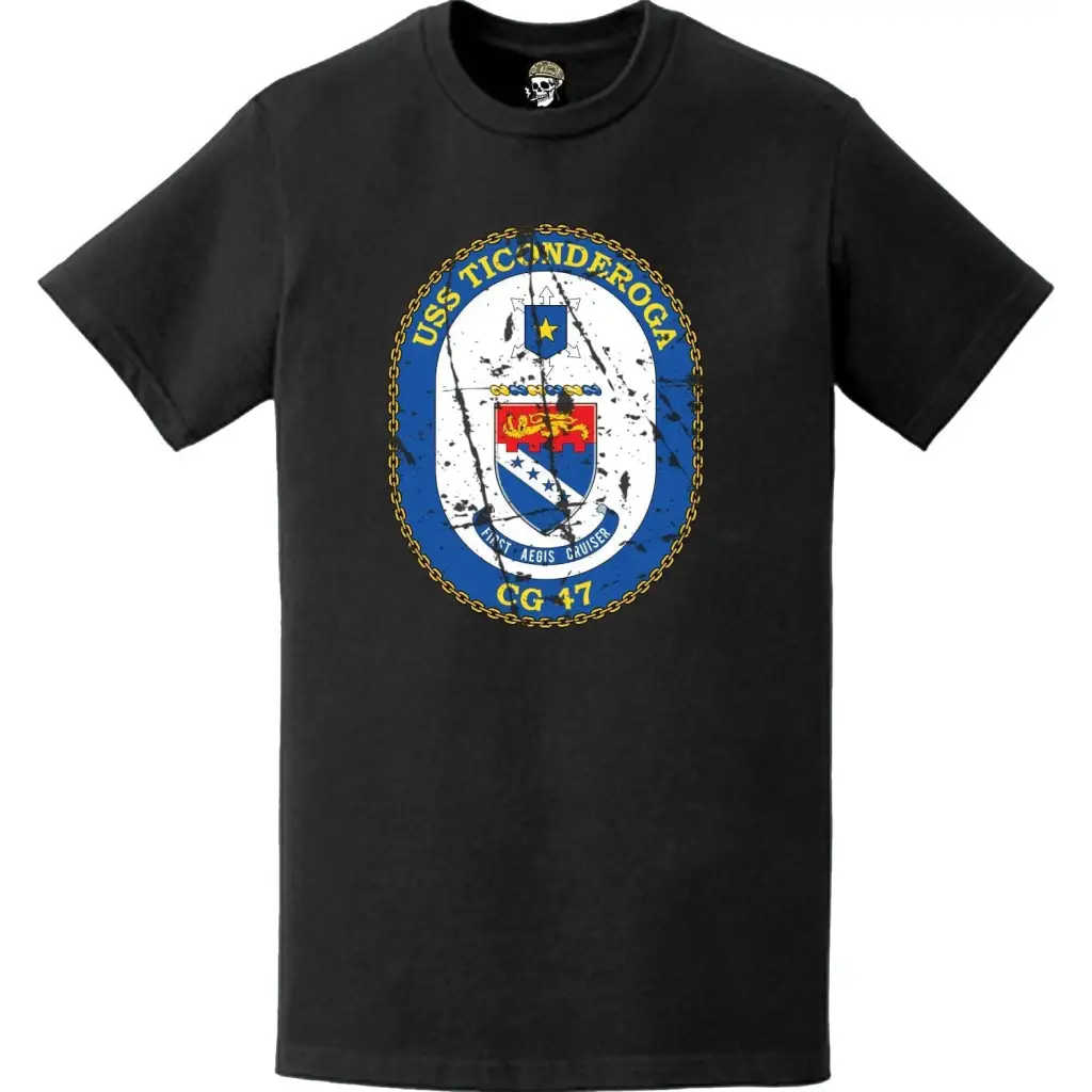 Distressed USS Ticonderoga (CG-47) Ship's Crest Logo T-Shirt Tactically Acquired   