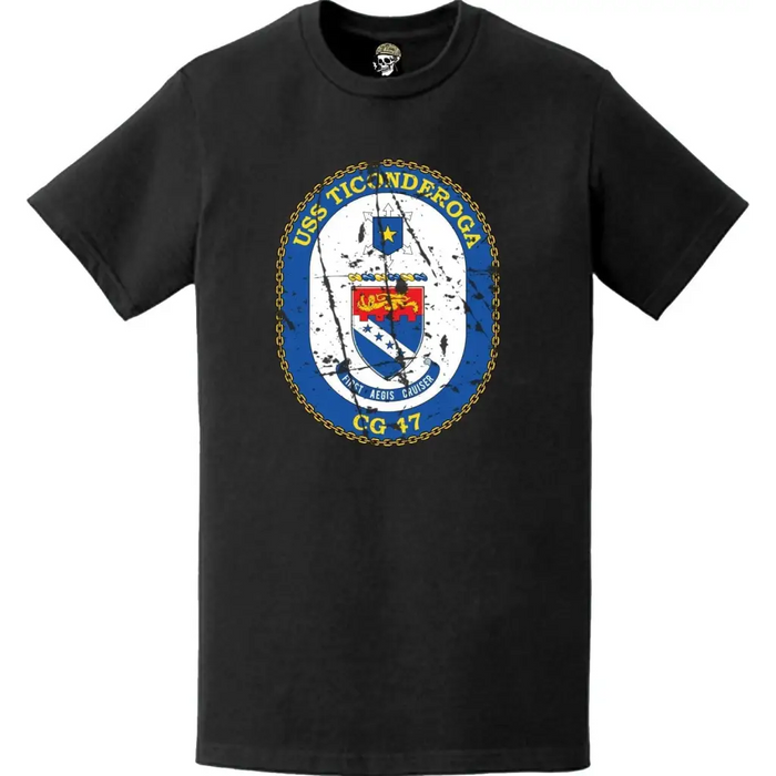 Distressed USS Ticonderoga (CG-47) Ship's Crest Logo T-Shirt Tactically Acquired   