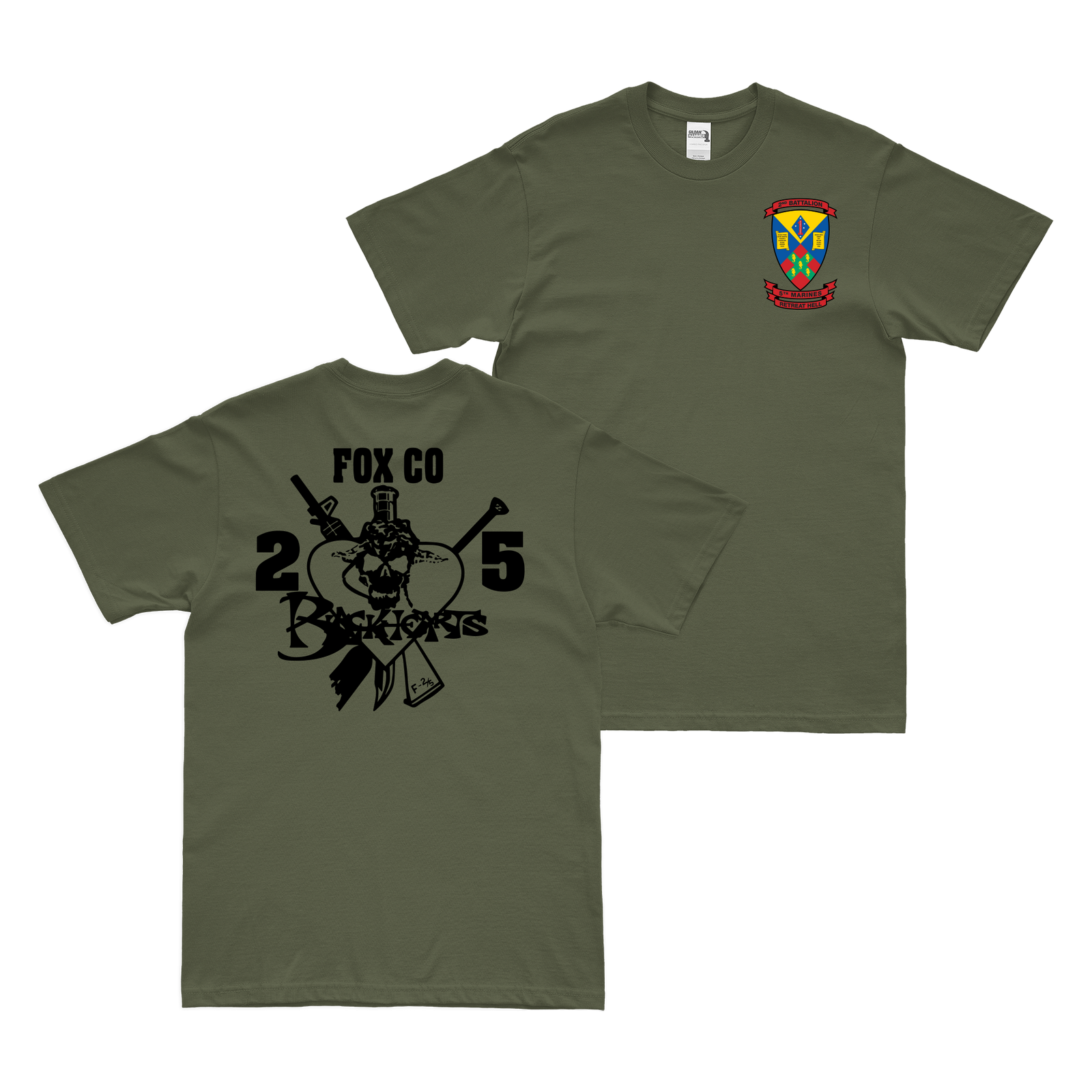 Double-Sided Fox Co. 2/5 Marines 'Blackhearts' T-Shirt Tactically Acquired Military Green Small 