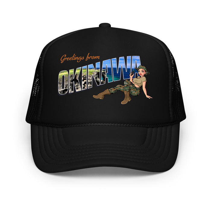 Greetings From Okinawa Foam Trucker Hat Tactically Acquired Black