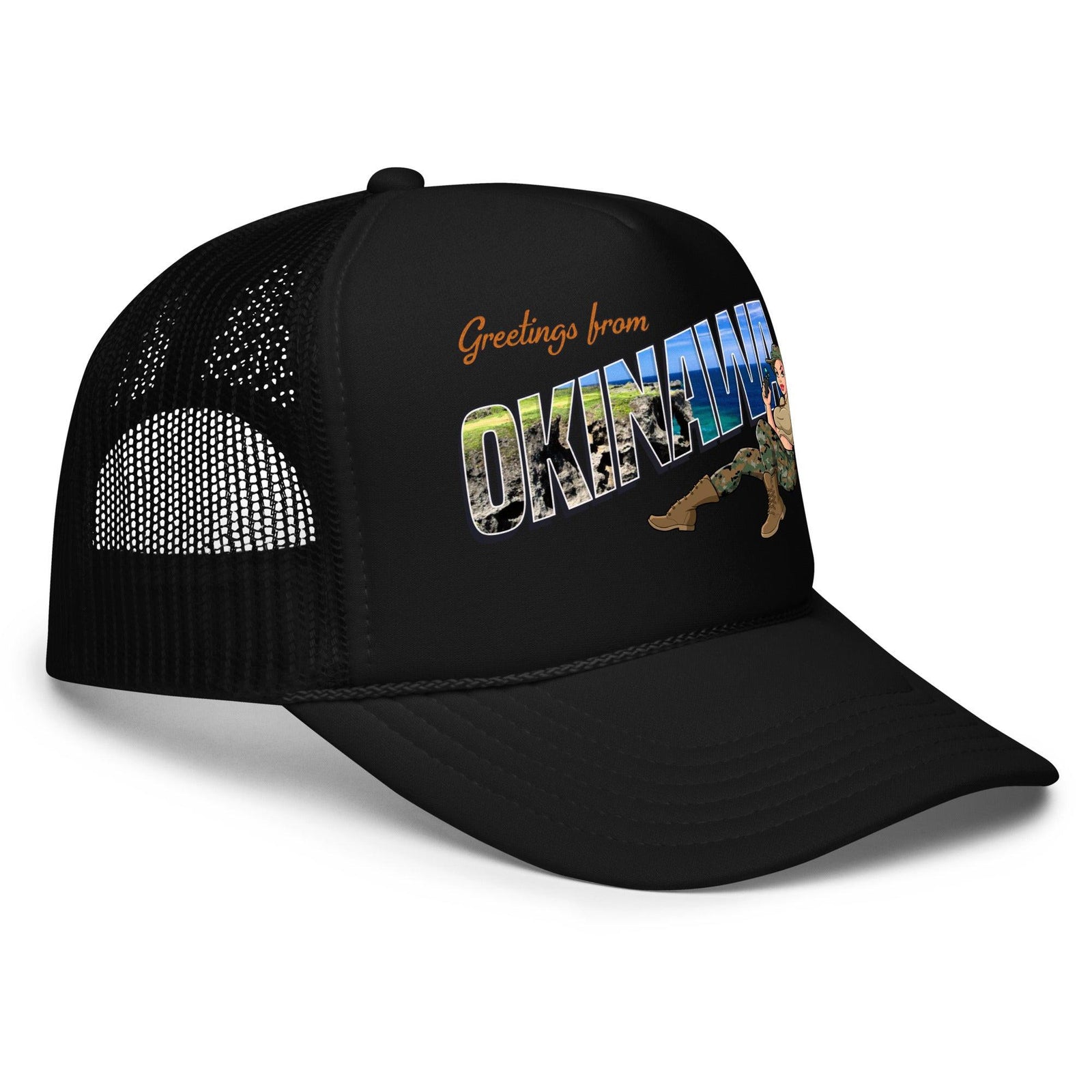 Greetings From Okinawa Foam Trucker Hat Tactically Acquired