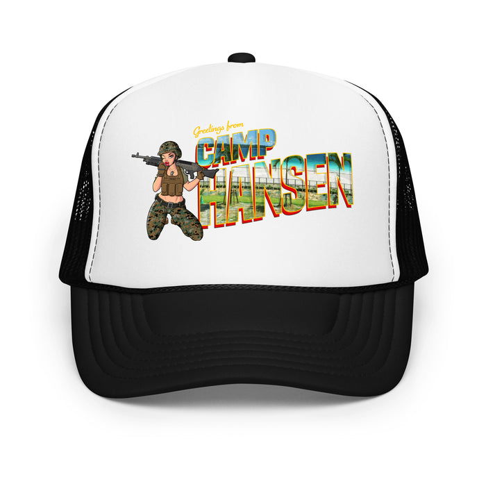 Greetings From Camp Hansen Foam Trucker Hat Tactically Acquired Black / White / Black