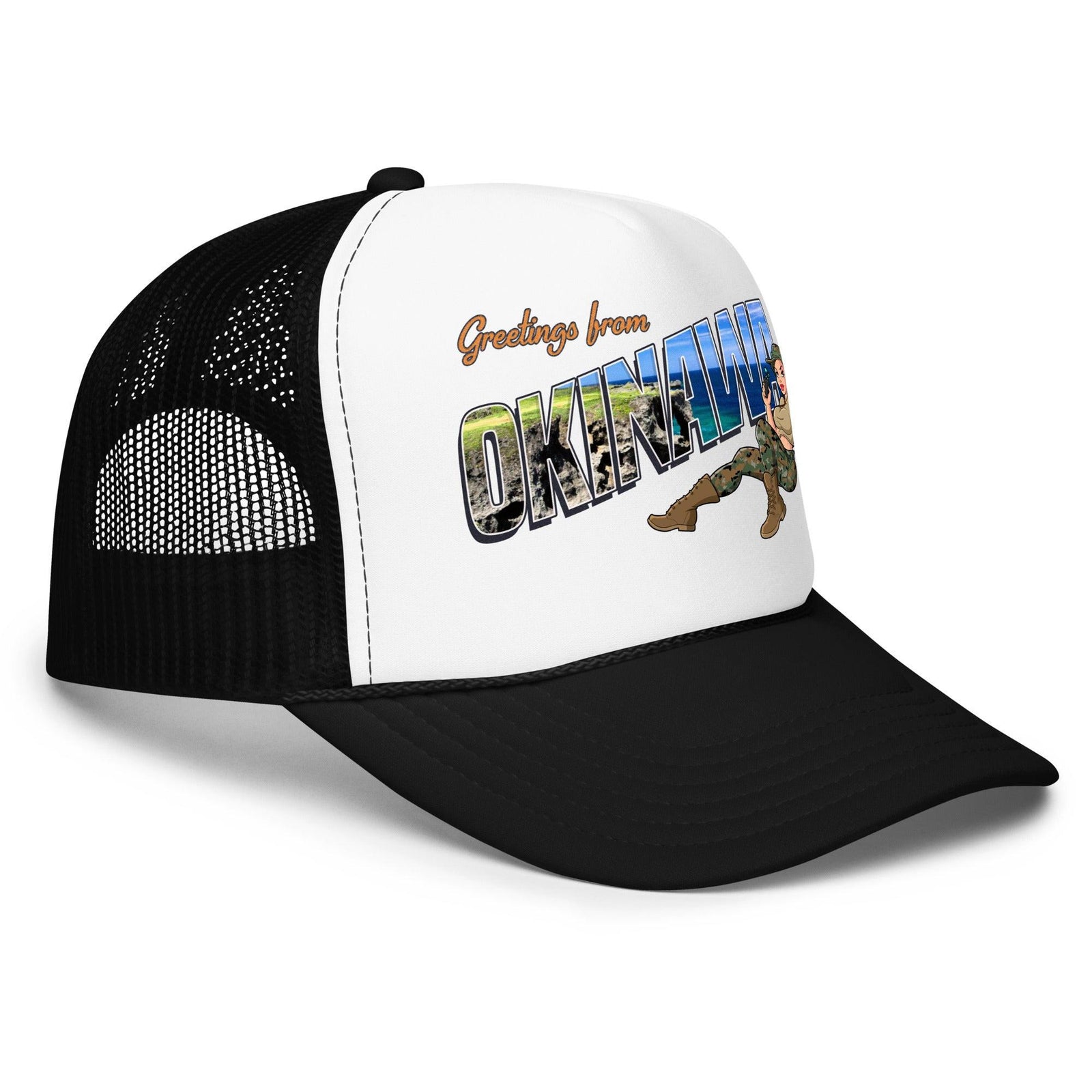 Greetings From Okinawa Foam Trucker Hat Tactically Acquired