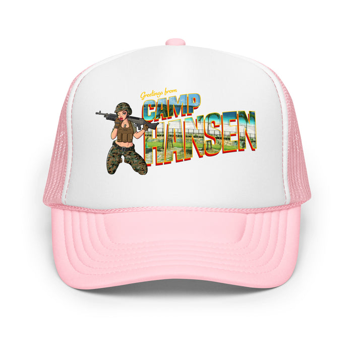 Greetings From Camp Hansen Foam Trucker Hat Tactically Acquired Light Pink / White / Light Pink