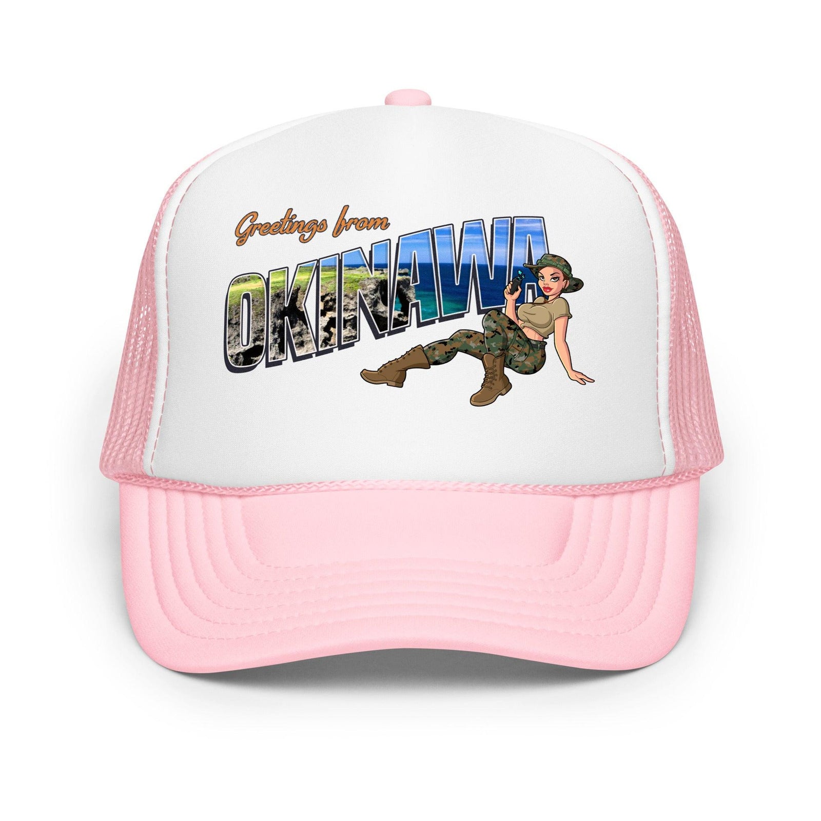 Greetings From Okinawa Foam Trucker Hat Tactically Acquired Light Pink / White / Light Pink