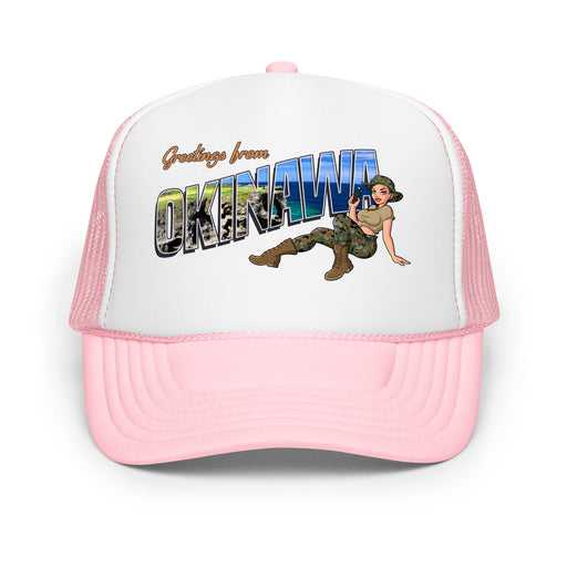 Greetings From Okinawa Foam Trucker Hat Tactically Acquired Light Pink / White / Light Pink