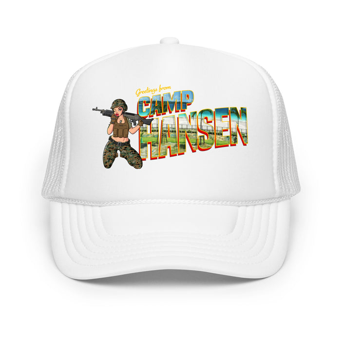 Greetings From Camp Hansen Foam Trucker Hat Tactically Acquired White