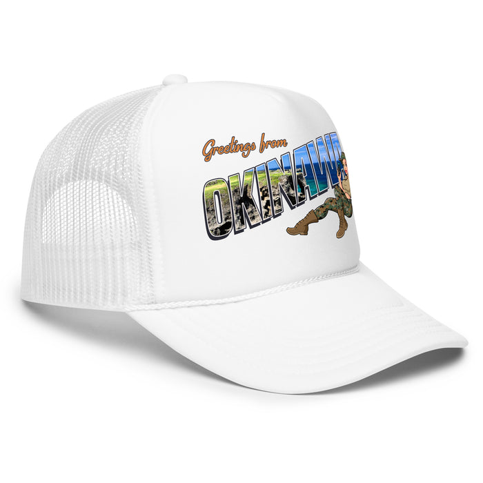 Greetings From Okinawa Foam Trucker Hat Tactically Acquired