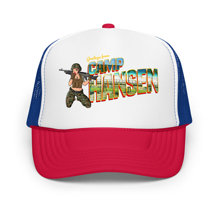 Greetings From Camp Hansen Foam Trucker Hat Tactically Acquired White / Royal / Red