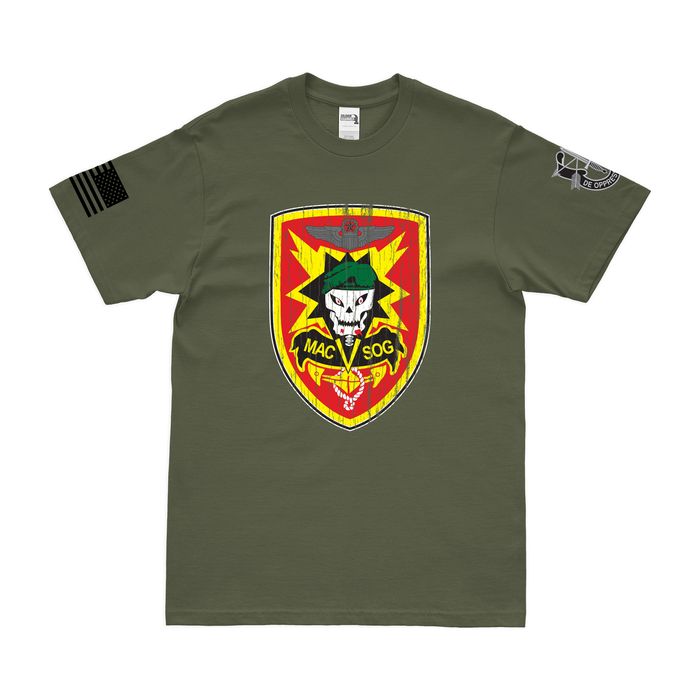 U.S. Army MACV-SOG Special Forces Emblem T-Shirt Tactically Acquired Military Green Distressed Small