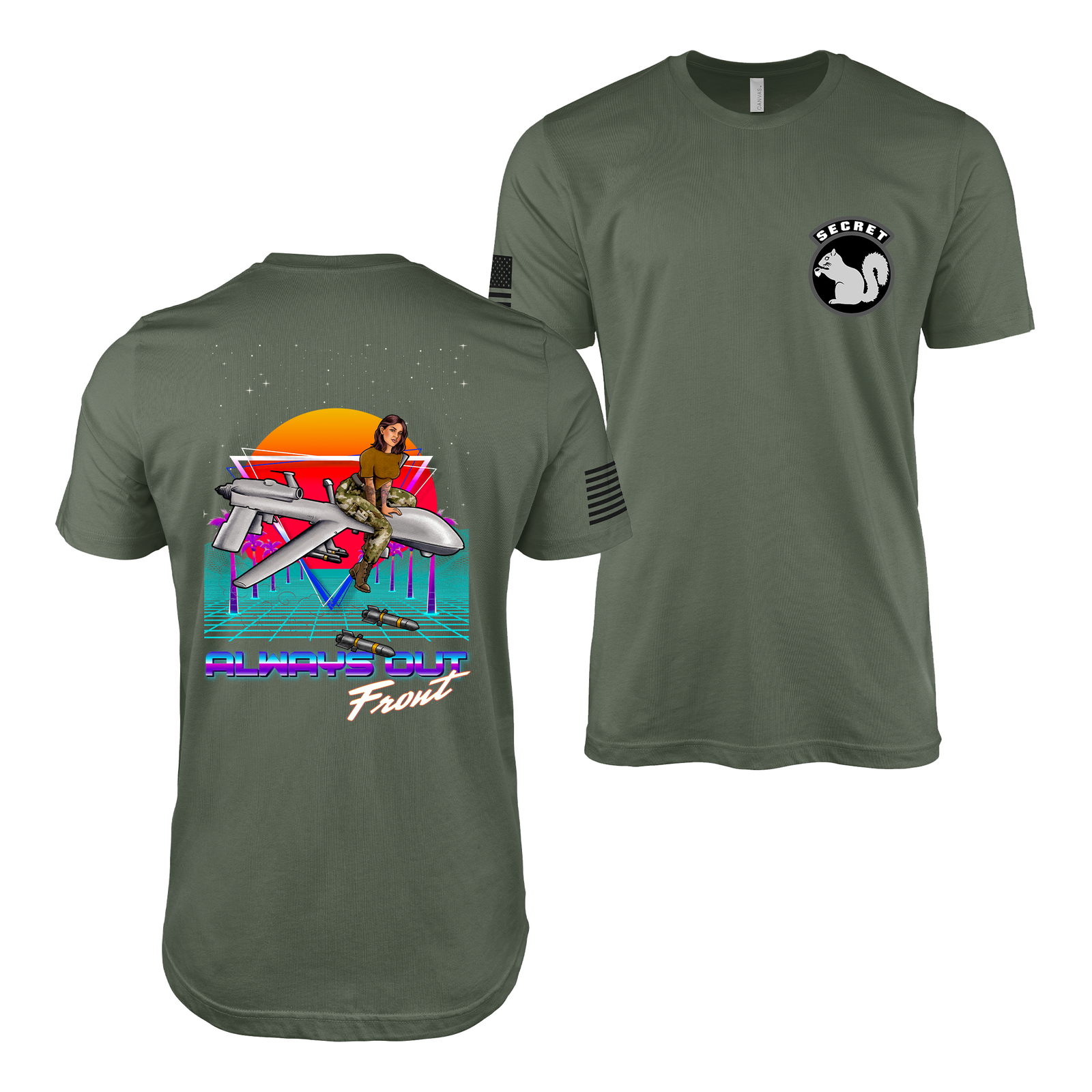 Military Intel Pin-Up Girl Julia MQ-9 Reaper Drone T-Shirt Tactically Acquired Military Green S