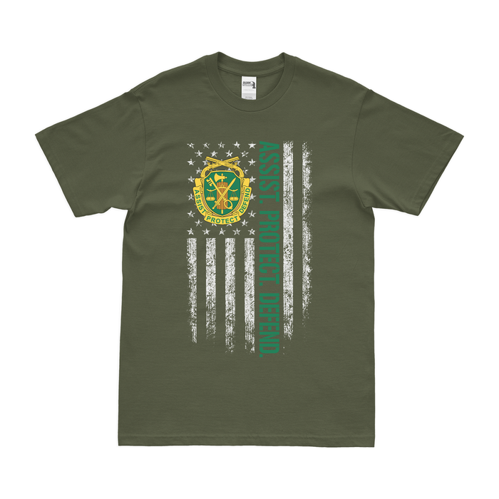 Military Police Corps Motto American Flag T-Shirt Tactically Acquired Military Green Small 