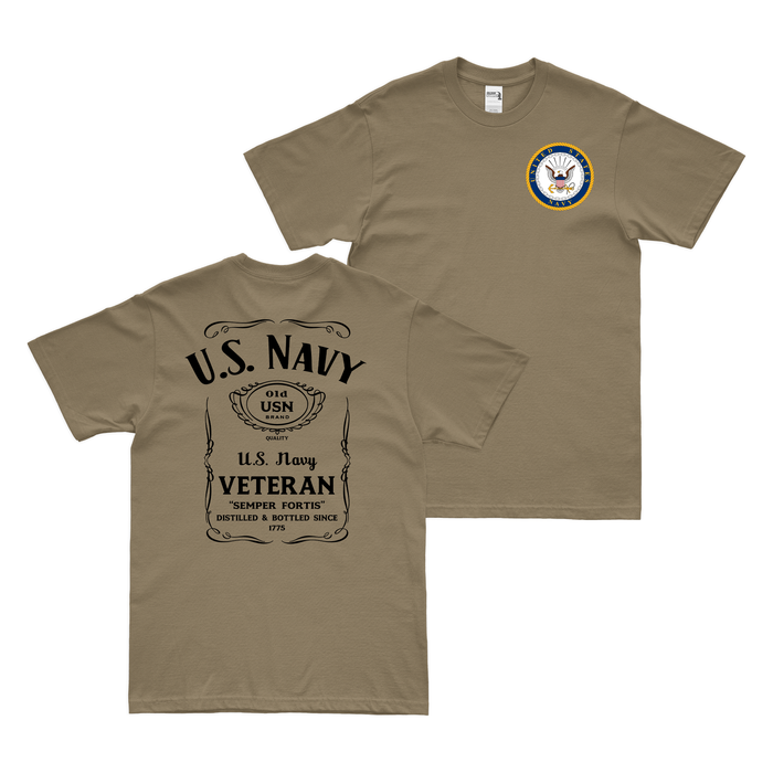 Double-Sided U.S. Navy Veteran Whiskey Label T-Shirt Tactically Acquired Small Coyote Brown 
