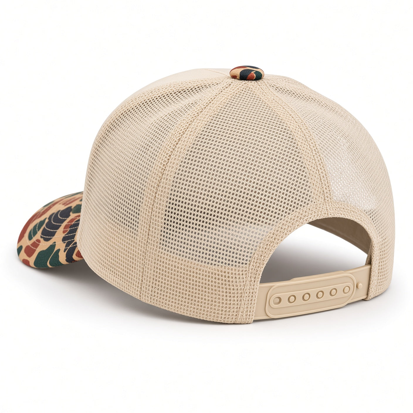 Back view of the Operation Epic Fury Veteran hat, cream mesh back with adjustable snapback and duck camo bill