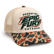 Operation Epic Fury Veteran duck camo trucker hat, three quarter view showing mesh side panel and curved camo bill