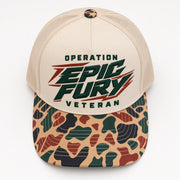 Top down view of the Operation Epic Fury Veteran camo trucker hat with camo top button and embroidered front