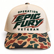 Operation Epic Fury Veteran hat, front view, cream trucker cap with green puff embroidery and duck camo bill