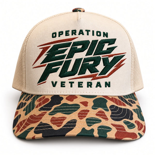Operation Epic Fury Veteran hat, front view, cream trucker cap with green puff embroidery and duck camo bill