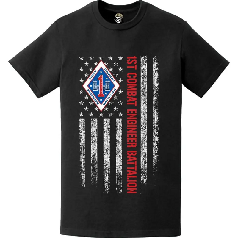 Patriotic 1st Combat Engineer Battalion (1st CEB) Unit Logo American Flag T-Shirt