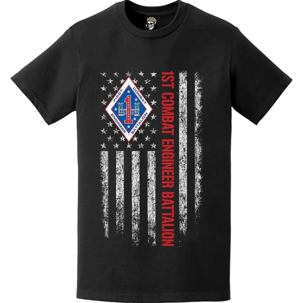 Patriotic 1st Combat Engineer Battalion (1st CEB) Unit Logo American Flag T-Shirt Tactically Acquired   