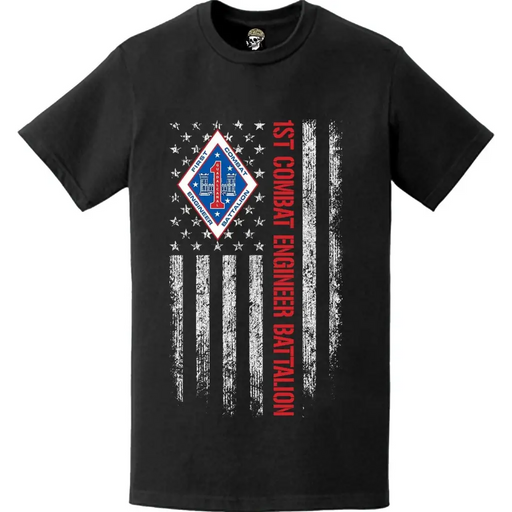 Patriotic 1st Combat Engineer Battalion (1st CEB) Unit Logo American Flag T-Shirt Tactically Acquired   