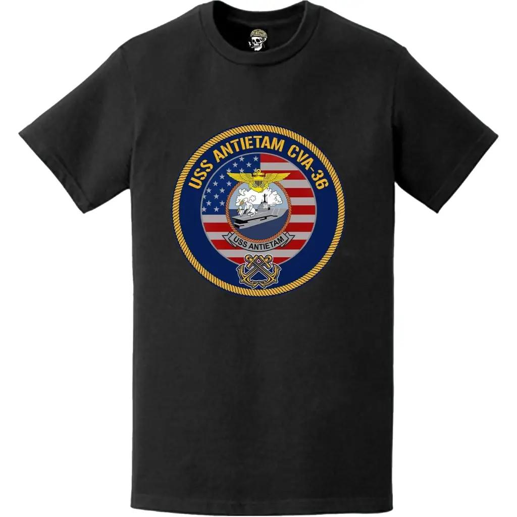 Patriotic USS Antietam (CVA-36) American Flag Crest T-Shirt Tactically Acquired   