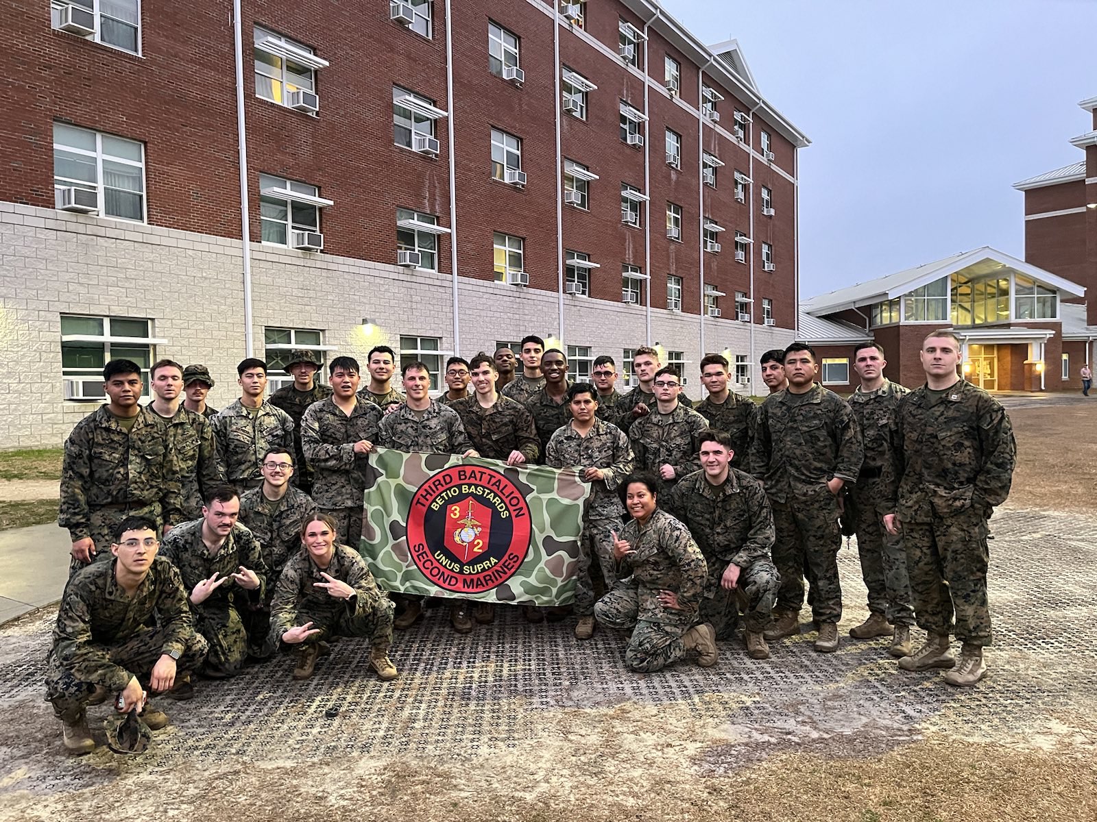 3rd Battalion, 2nd Marines (3/2 Marines) posing with Tactically Acquired Flag