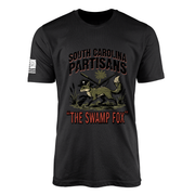 Swamp Fox Revolutionary War t-shirt in black featuring the Francis Marion fox and palmetto swamp design, part of the America 250 1776-2026 collection from Tactically Acquired