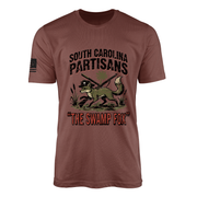 Rust Red  t-shirt with the South Carolina Partisans Swamp Fox design, an America 250 Revolutionary War commemorative tee honoring Francis Marion, from veteran-owned Tactically Acquired