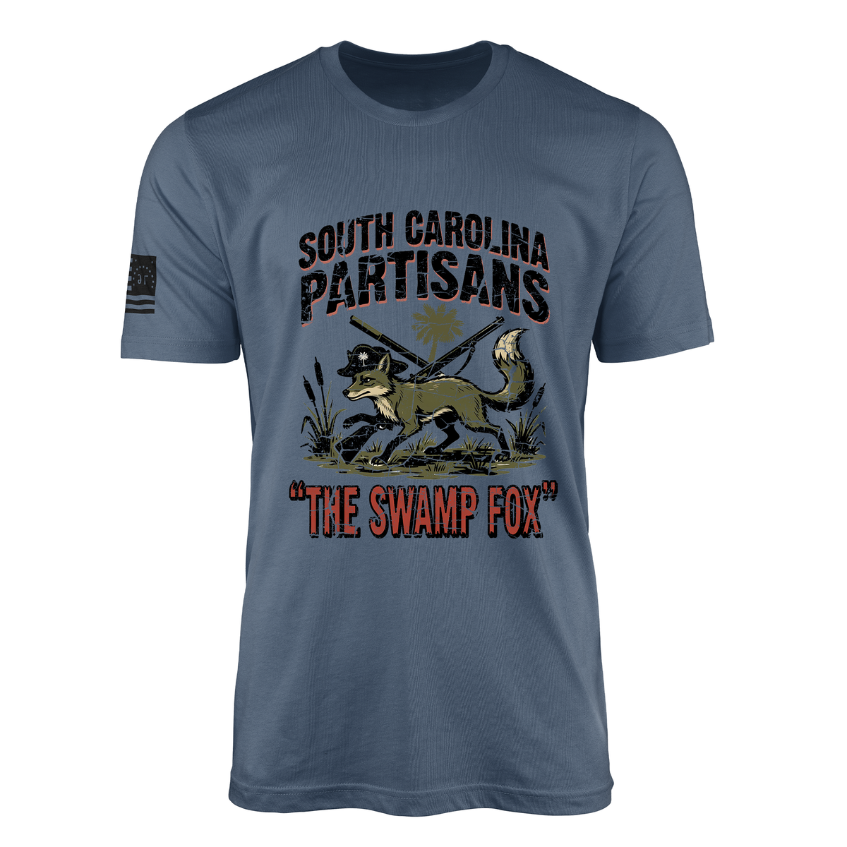 South Carolina Partisans America 250 1776-2026 veteran-owned Revolutionary War t-shirt design featuring a distressed fox in a Continental officer's cap moving through swamp reeds with crossed muskets and the South Carolina palmetto behind it, under "The Swamp Fox" banner honoring Francis Marion