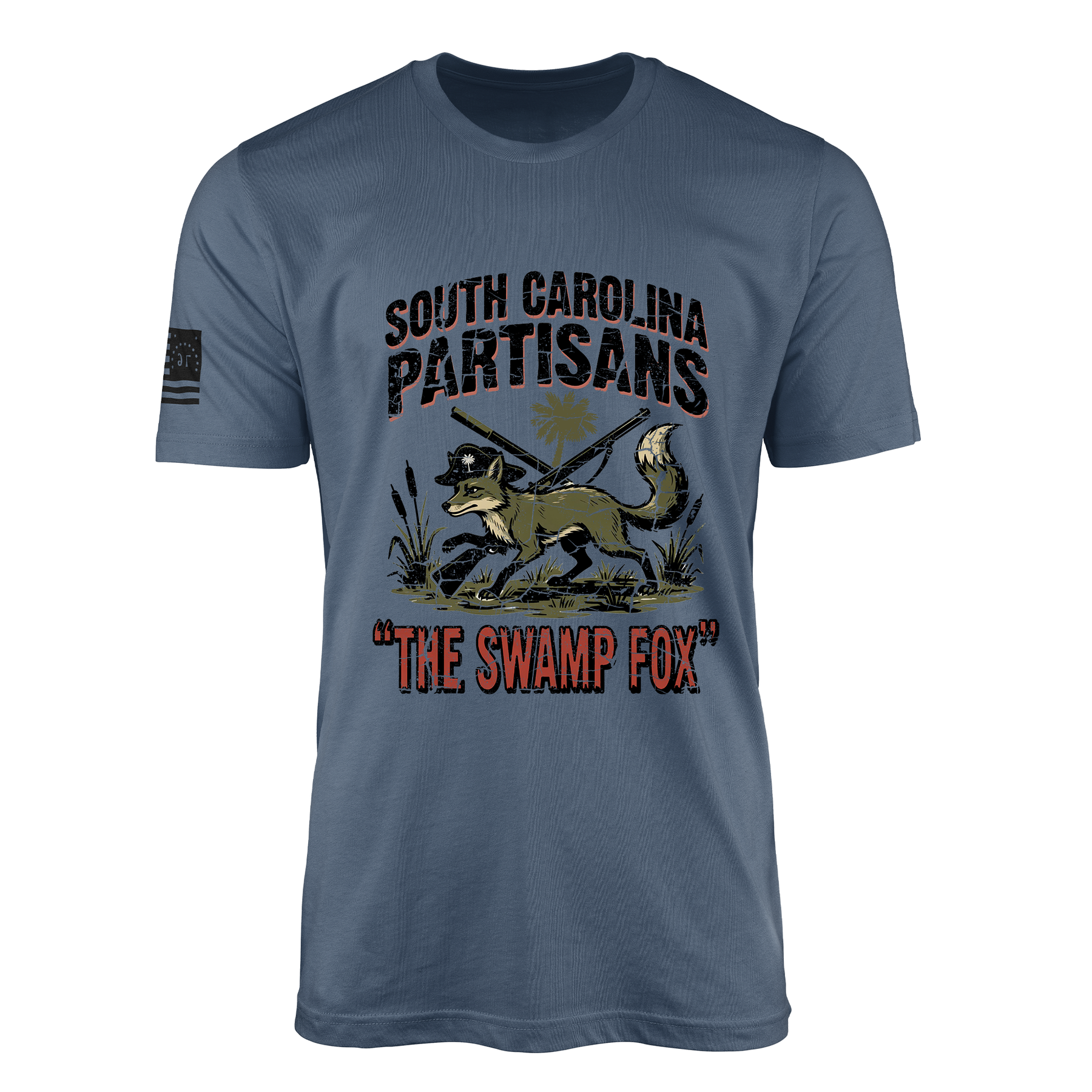 South Carolina Partisans America 250 1776-2026 veteran-owned Revolutionary War t-shirt design featuring a distressed fox in a Continental officer's cap moving through swamp reeds with crossed muskets and the South Carolina palmetto behind it, under "The Swamp Fox" banner honoring Francis Marion