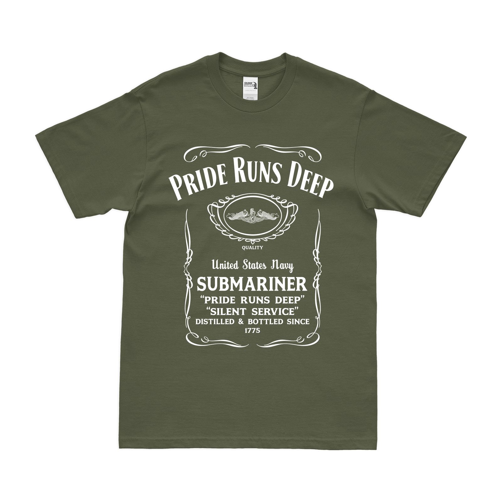 Pride Runs Deep Navy Submariner Whiskey Label T-Shirt Tactically Acquired Small Military Green 