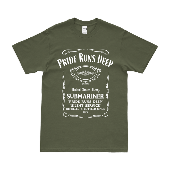 Pride Runs Deep Navy Submariner Whiskey Label T-Shirt Tactically Acquired Small Military Green 
