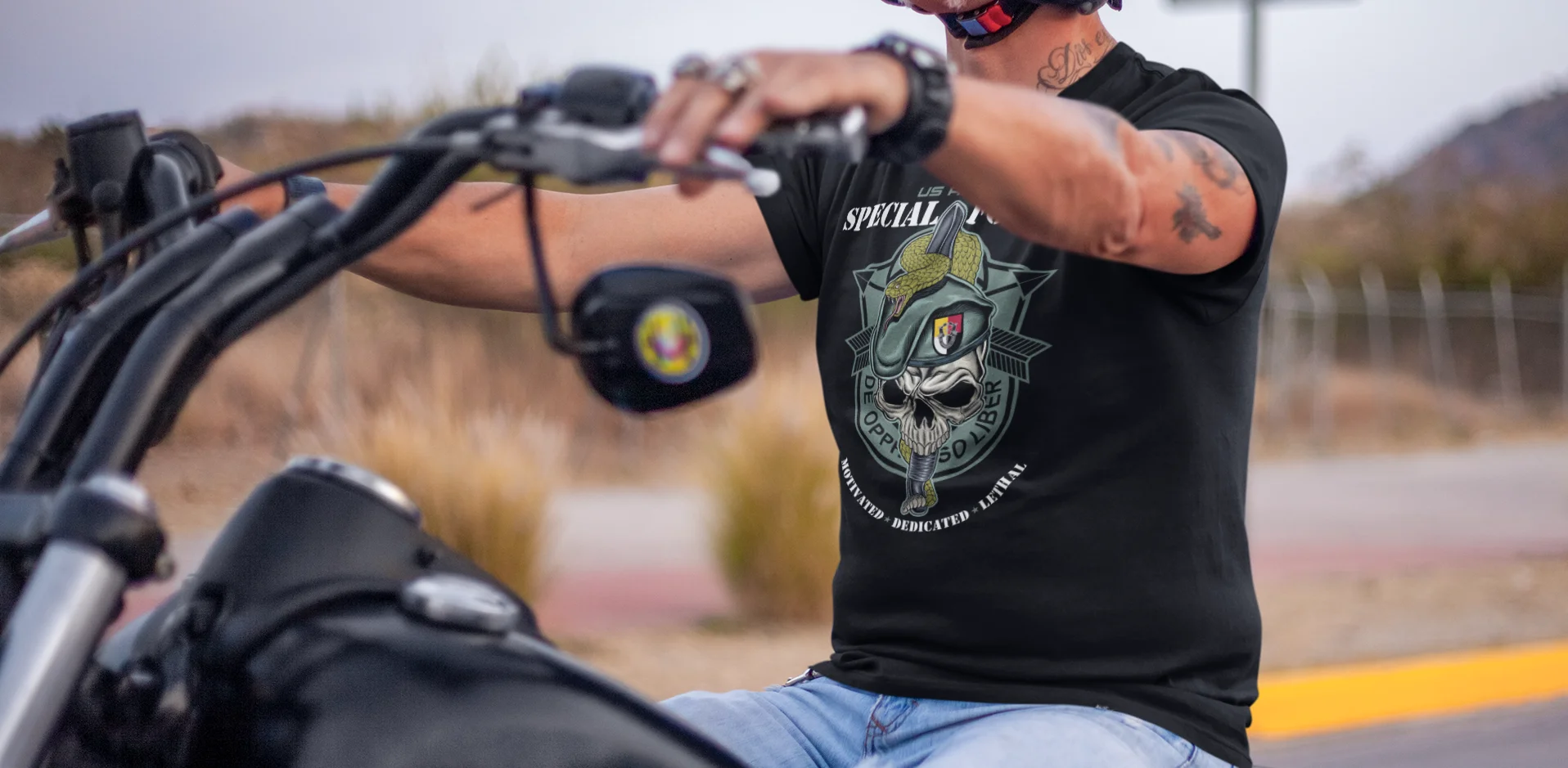 U.S. Army Special Forces soldier riding motorcycle in 3rd SFG t-shirt