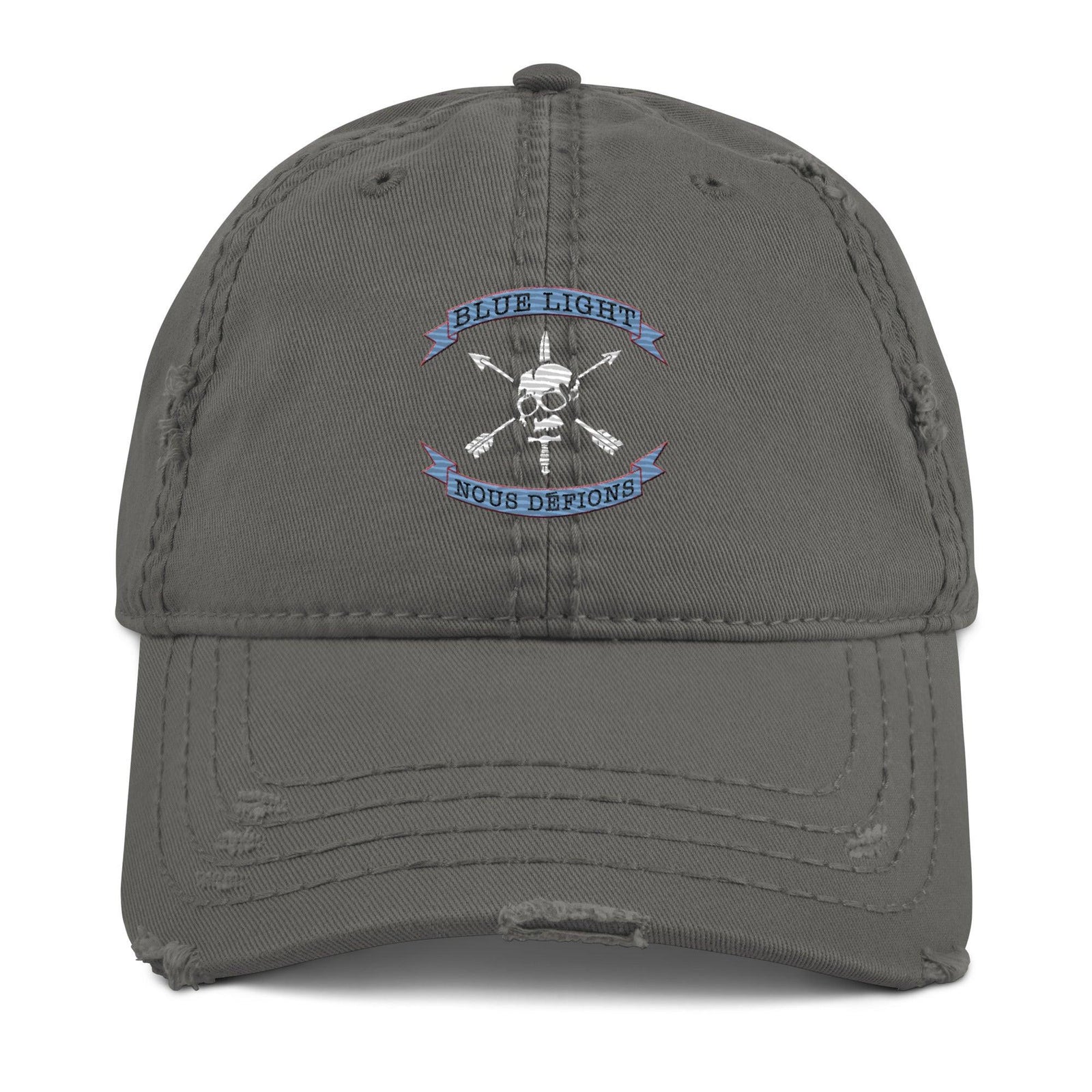 U.S. Army Blue Light "Nous Defions" Logo Emblem Distressed Dad Hat Tactically Acquired Charcoal Grey  