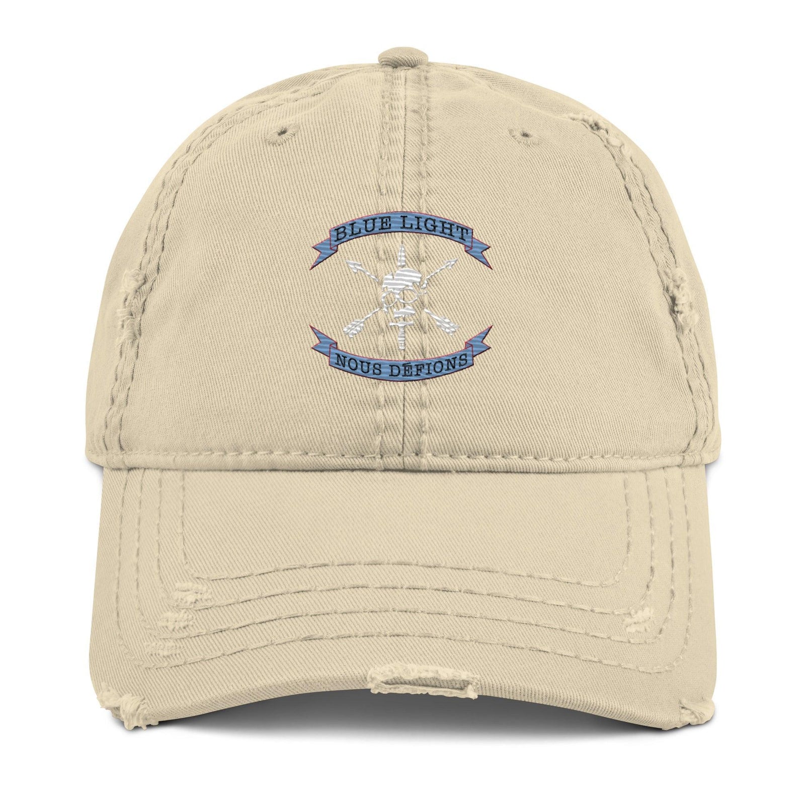 U.S. Army Blue Light "Nous Defions" Logo Emblem Distressed Dad Hat Tactically Acquired Khaki  