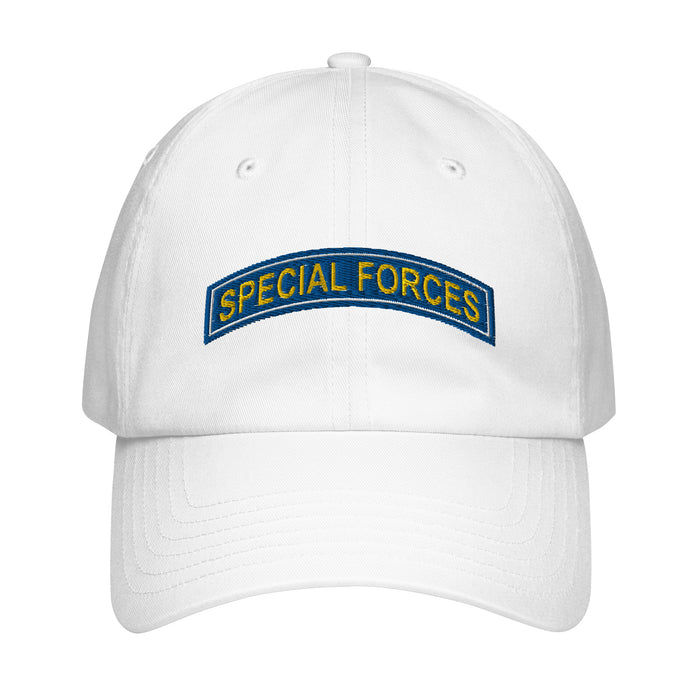 U.S. Army Special Forces Tab Embroidered Under Armour® Dad Hat Tactically Acquired White  