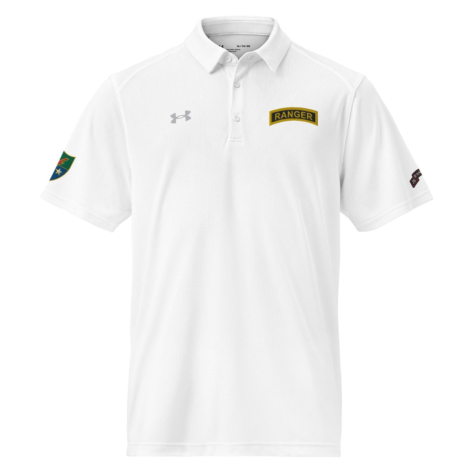 75th Ranger Rgt Ranger Tab Embroidered Under Armour® Men's Polo Tactically Acquired White S 