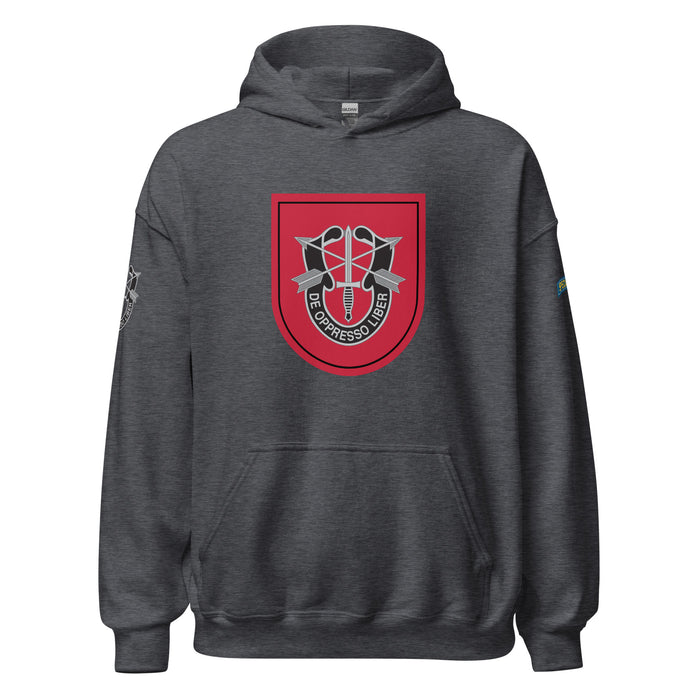 U.S. Army 7th Special Forces Group (7th SFG) Beret Flash Unisex Hoodie Tactically Acquired Dark Heather S 