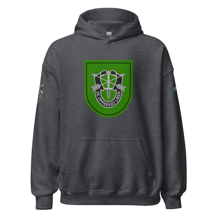 U.S. Army 10th Special Forces Group (10th SFG) Beret Flash Unisex Hoodie Tactically Acquired Dark Heather S 