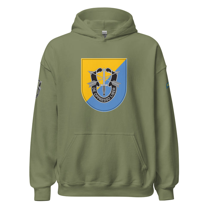 U.S. Army 8th Special Forces Group (8th SFG) Beret Flash Unisex Hoodie Tactically Acquired Military Green S 