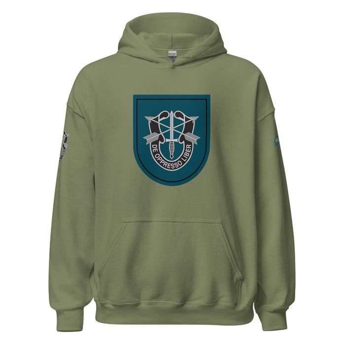 U.S. Army 19th Special Forces Group (19th SFG) Beret Flash Unisex Hoodie Tactically Acquired Military Green S 