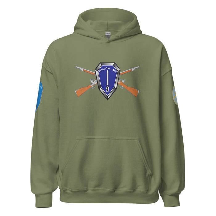 U.S. Army Infantry Branch 'Follow Me' Crossed Rifles Unisex Hoodie Tactically Acquired Military Green S 