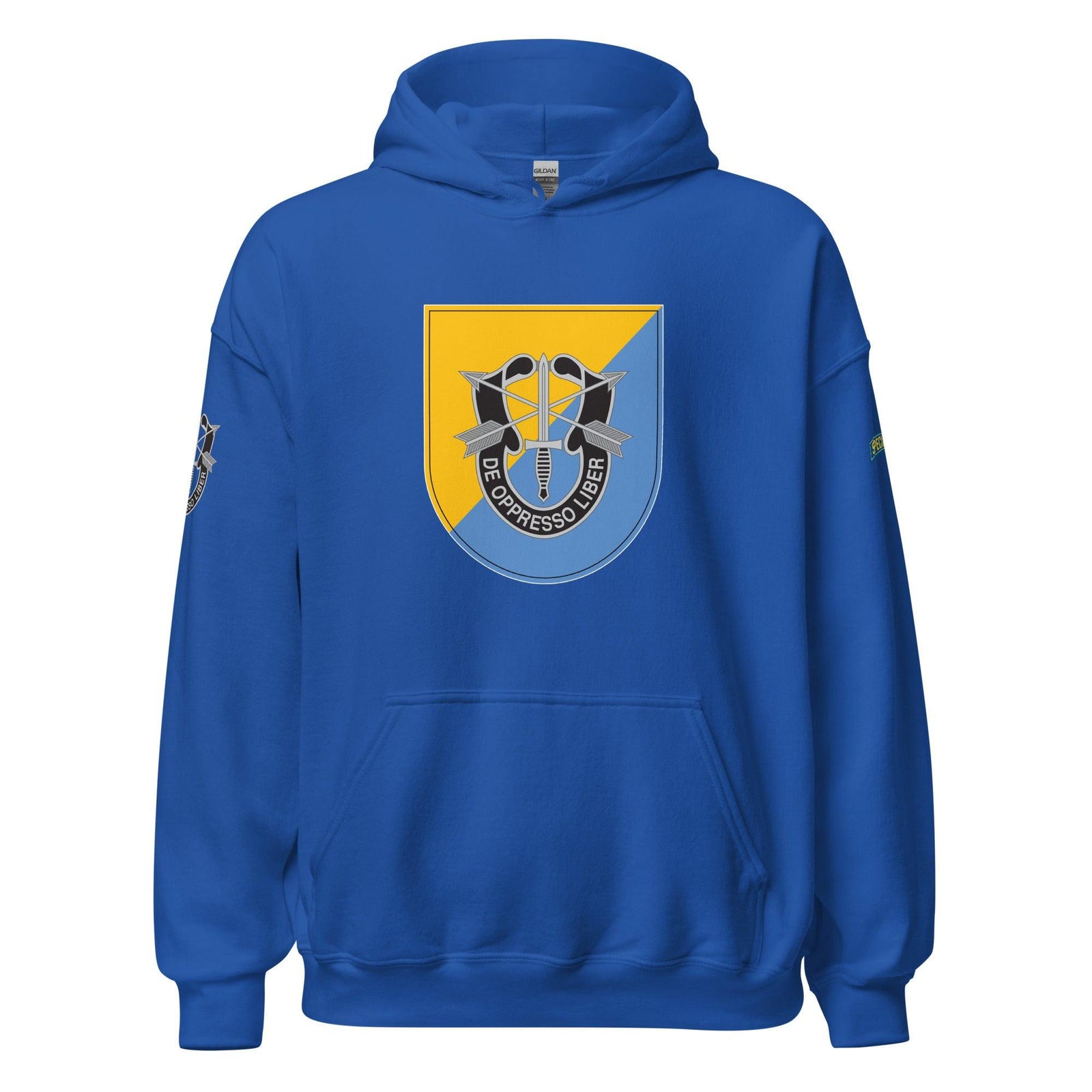 U.S. Army 8th Special Forces Group (8th SFG) Beret Flash Unisex Hoodie Tactically Acquired Royal S 