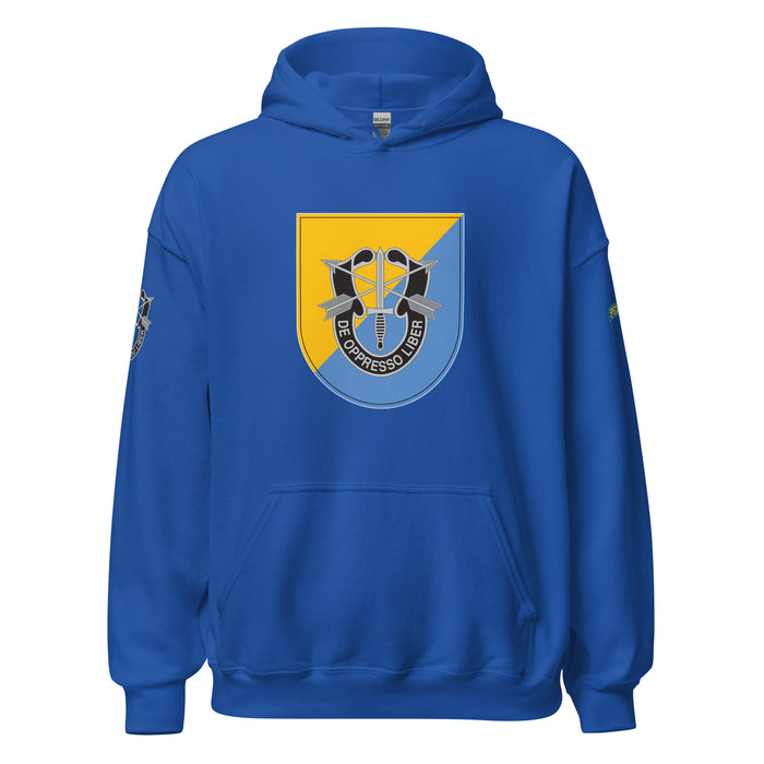 U.S. Army 8th Special Forces Group (8th SFG) Beret Flash Unisex Hoodie Tactically Acquired Royal S 