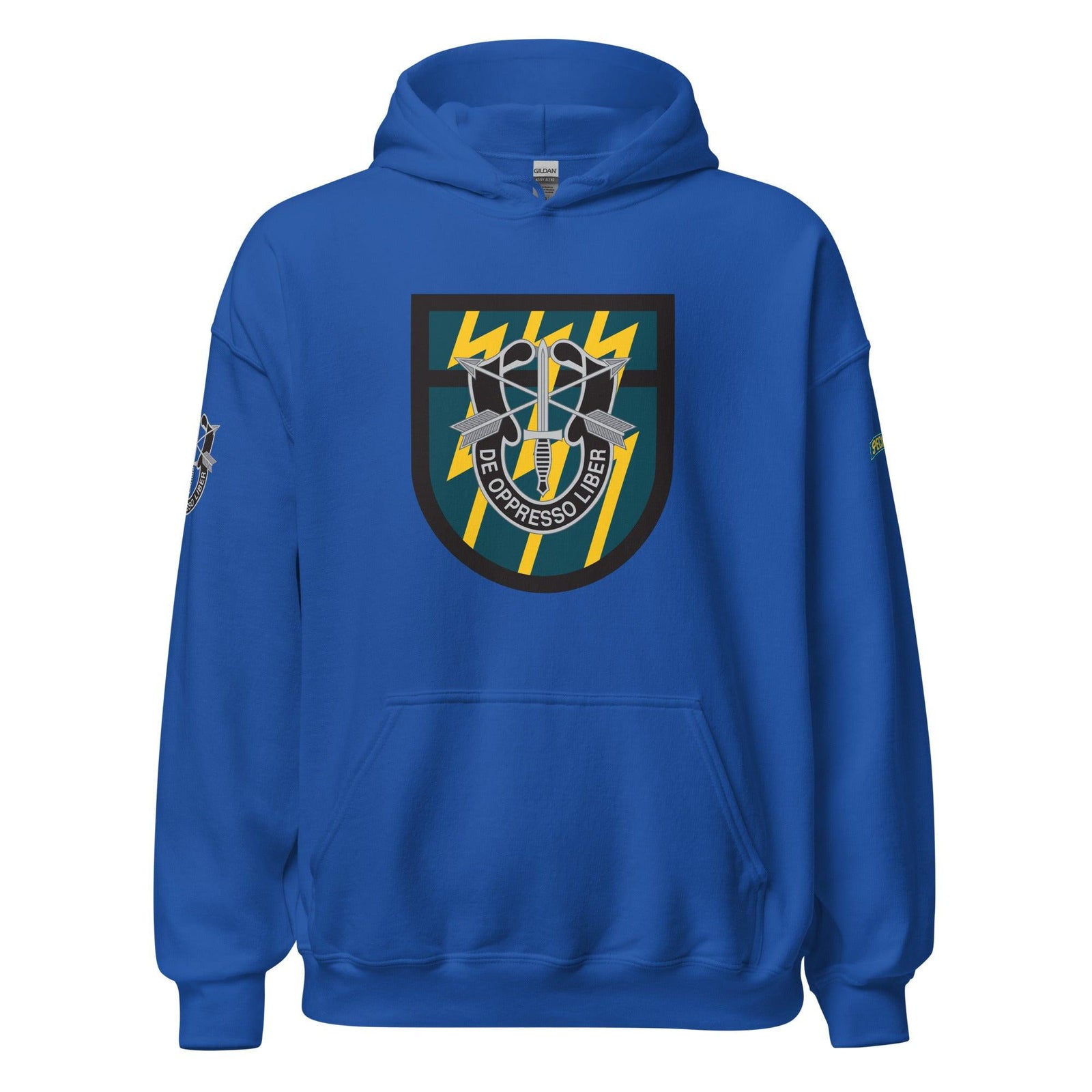 U.S. Army 12th Special Forces Group (12th SFG) Beret Flash Unisex Hoodie Tactically Acquired Royal S 
